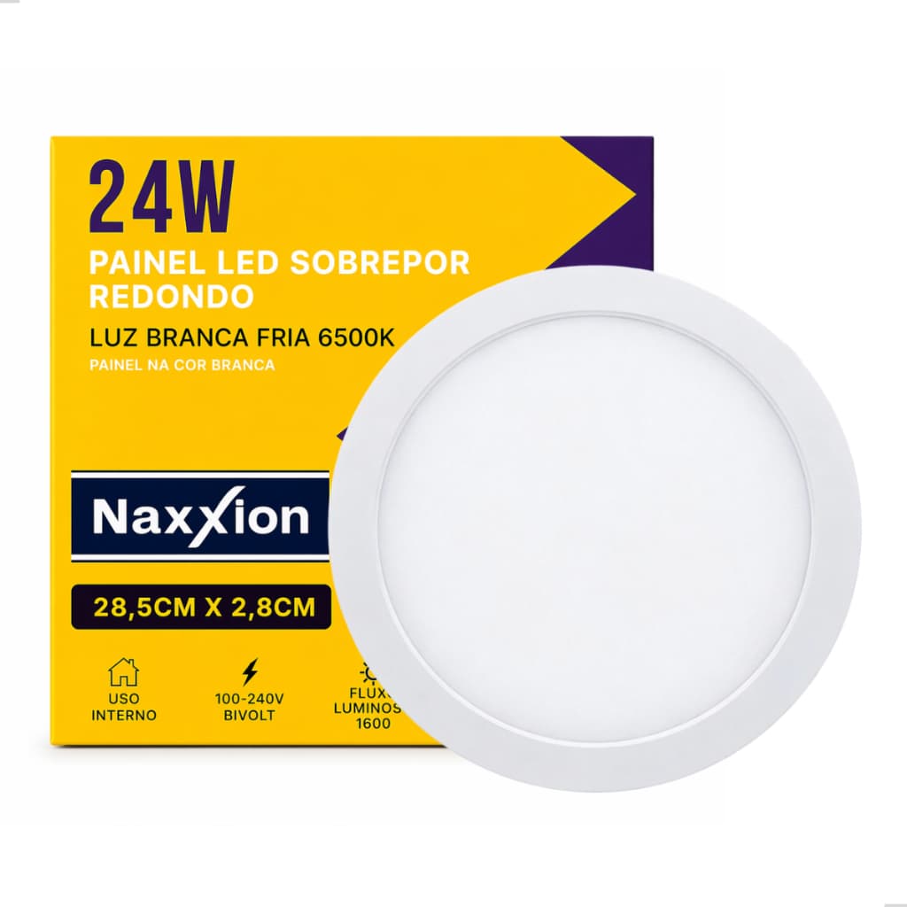 Painel LED 24W Redondo Sobrepor Bivolt Iluminação Luz Branca Fria 6500K Forte Econômica