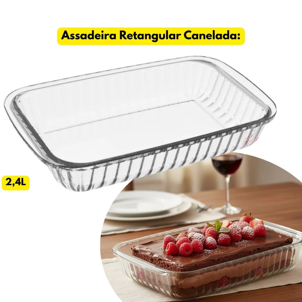 Assadeira Lasanheira Marinex Vidro Retangular Canelada 2,4L Assada Travessa Refratário Refeição
