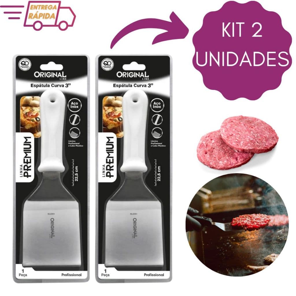 Kit 2 Espátulas em inox Curva 3" Premium Pizza Chapa Hambúrguer Lanchonetes Chapeiro Churrasco Restaurante