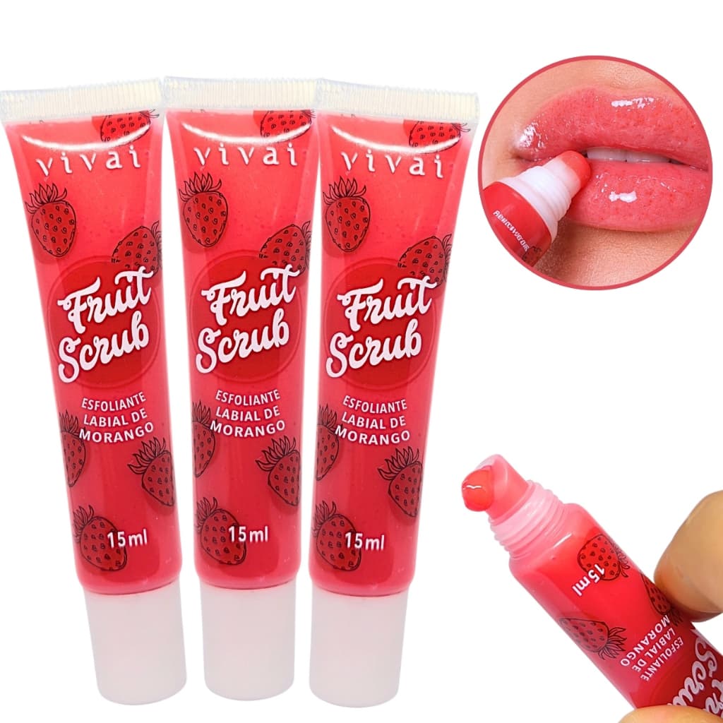 Kit 3 Esfoliante Labial Lip Balm Morango Esfoliação Suave e Hidratante para Lábios Macio Scrub Vivai