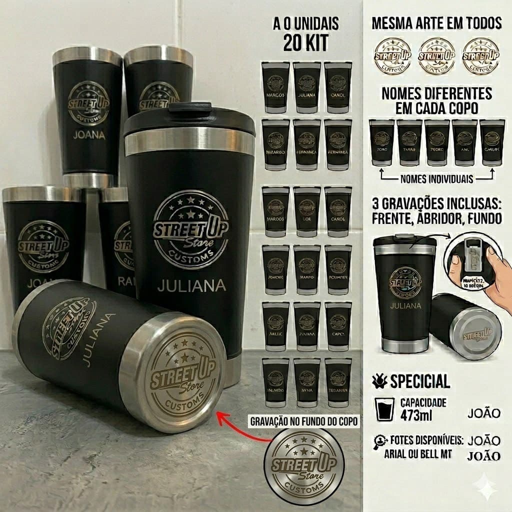 Kit 20 Copos Térmicos 473ml Personalizados Laser - Logo + Nomes Individuais
