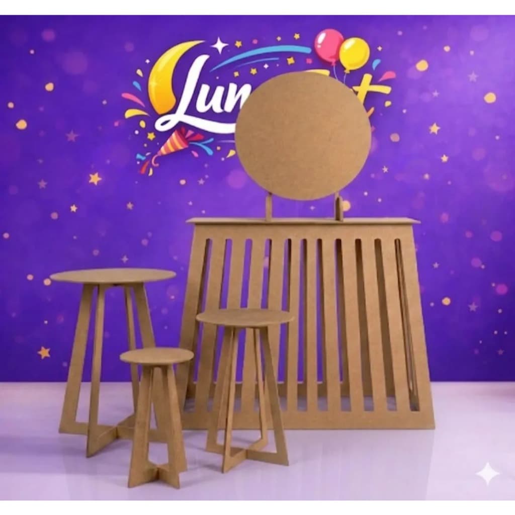 Kit Decoração Festa Completo MDF Pegue e Monte Mesa Ripada 90cm + Trio Mesinhas + Painel Redondo