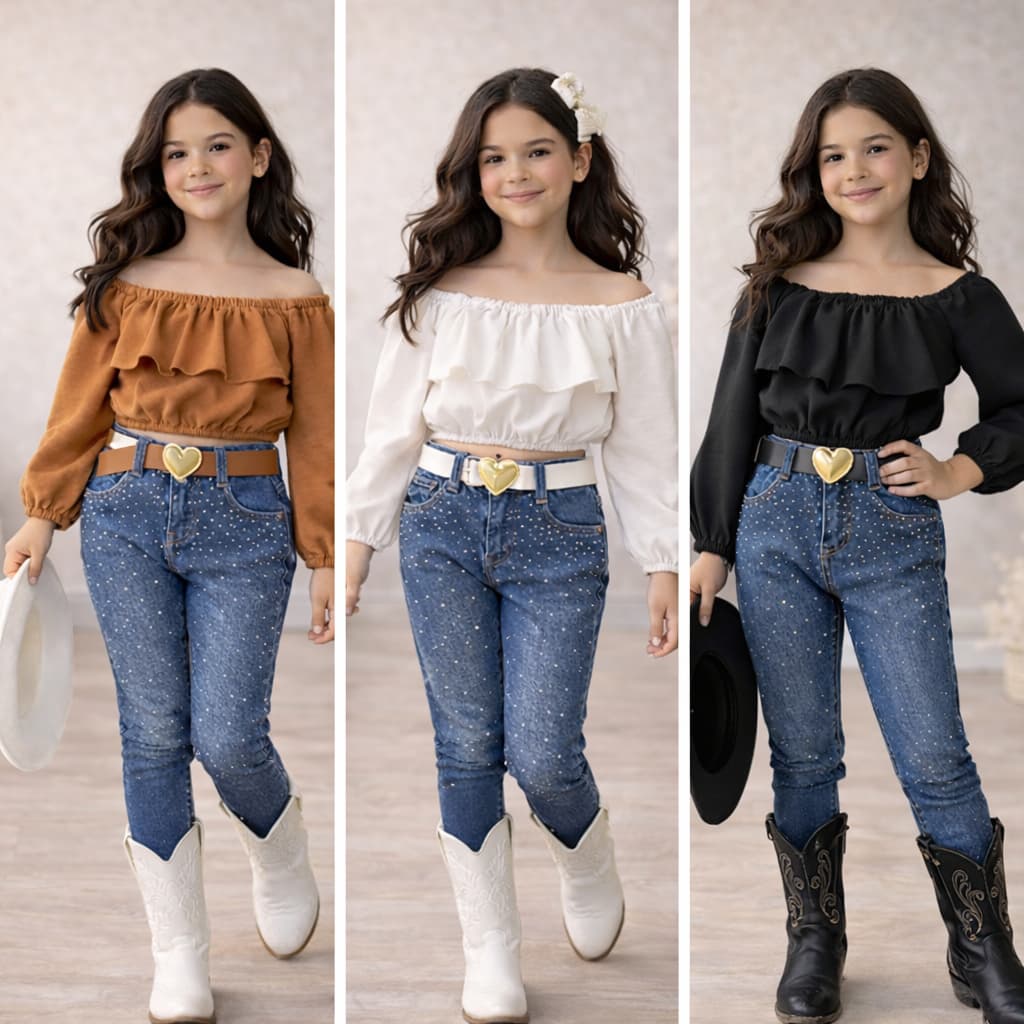 Conjunto 3 peças Infantil Menina Calça Jeans com Strass + Blusinha Ombro a Ombro + Cinto Coração | Look Fashion 4 ao 10