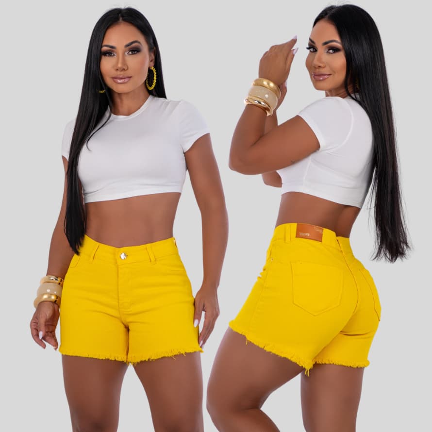 Short Jeans Feminino Amarelo Empina Bumbum Cintura Alta Barra Desfiada Modelagem Confort Premium