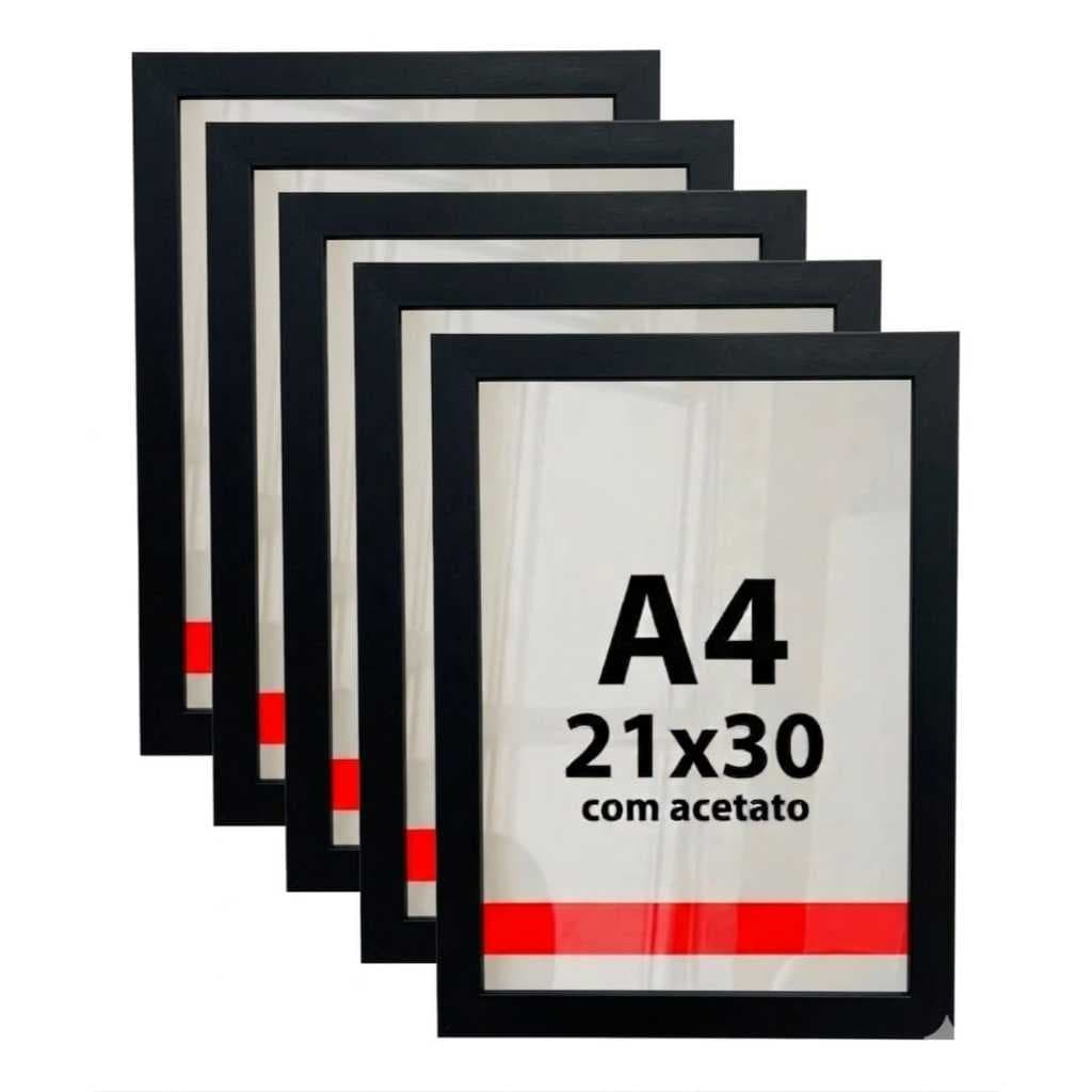 Kit 5 Quadros Moldura A4 21x30 Para Retrato Com Acetato Madeira Pinus - Várias Cores Certificado