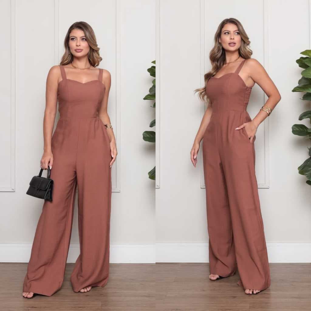 Macacão Feminino Pantalona com bojo Cintura Alta Elegante Verão Casual Chic com Bolso