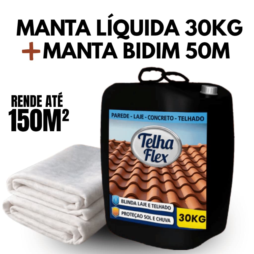 Kit Impermeabilização Telhado e Laje 30kg Manta Líquida + Bidim 50m Alta Resistência Antigoteira