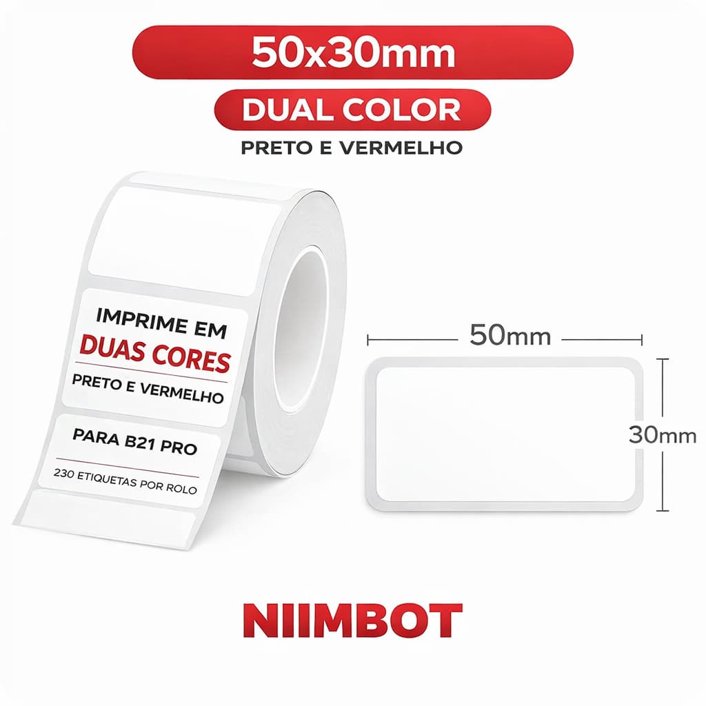 Rolo Etiquetas Térmicas Preto e Vermelho 50x30mm Niimbot B21 PRO 230 Unidades Adesivas Prova D'água