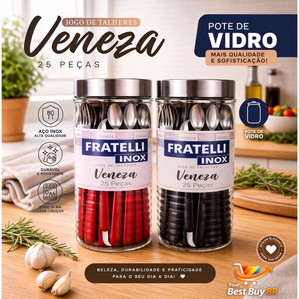 Jogo de Talheres 25 Peças Pote Vidro Inox Organizador Cozinha Faqueiro Preto/Vermelho Kit Conjunto