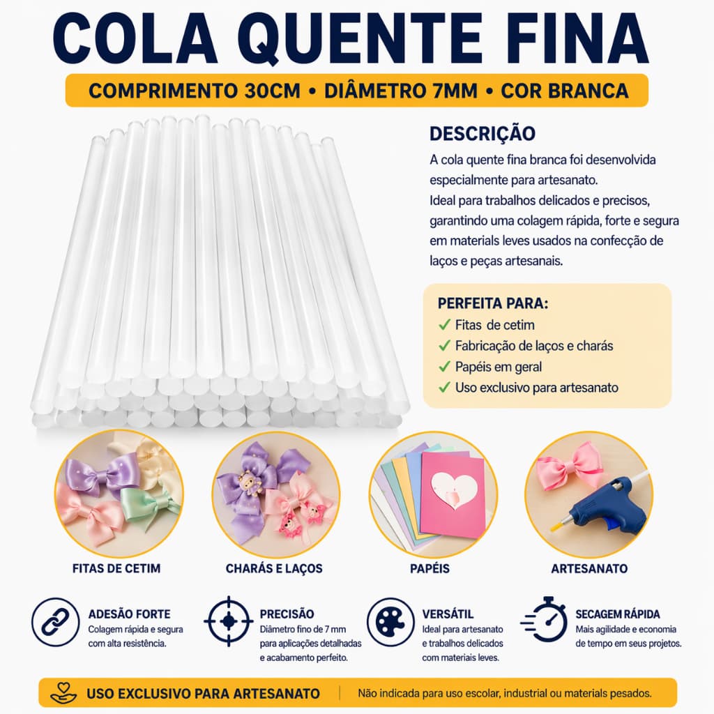 Cola Quente Fina Branca 7mm x 30cm Bastão para Pistola de Cola