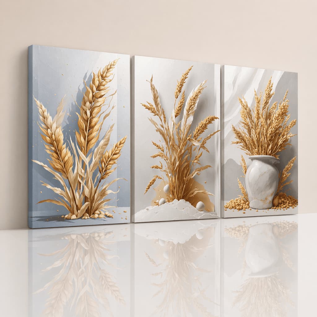 Quadros Decorativos Trigo Natureza Boho Minimalista Mosaico Sala Quarto Cozinha Luxo Kit 3 Peças Grande