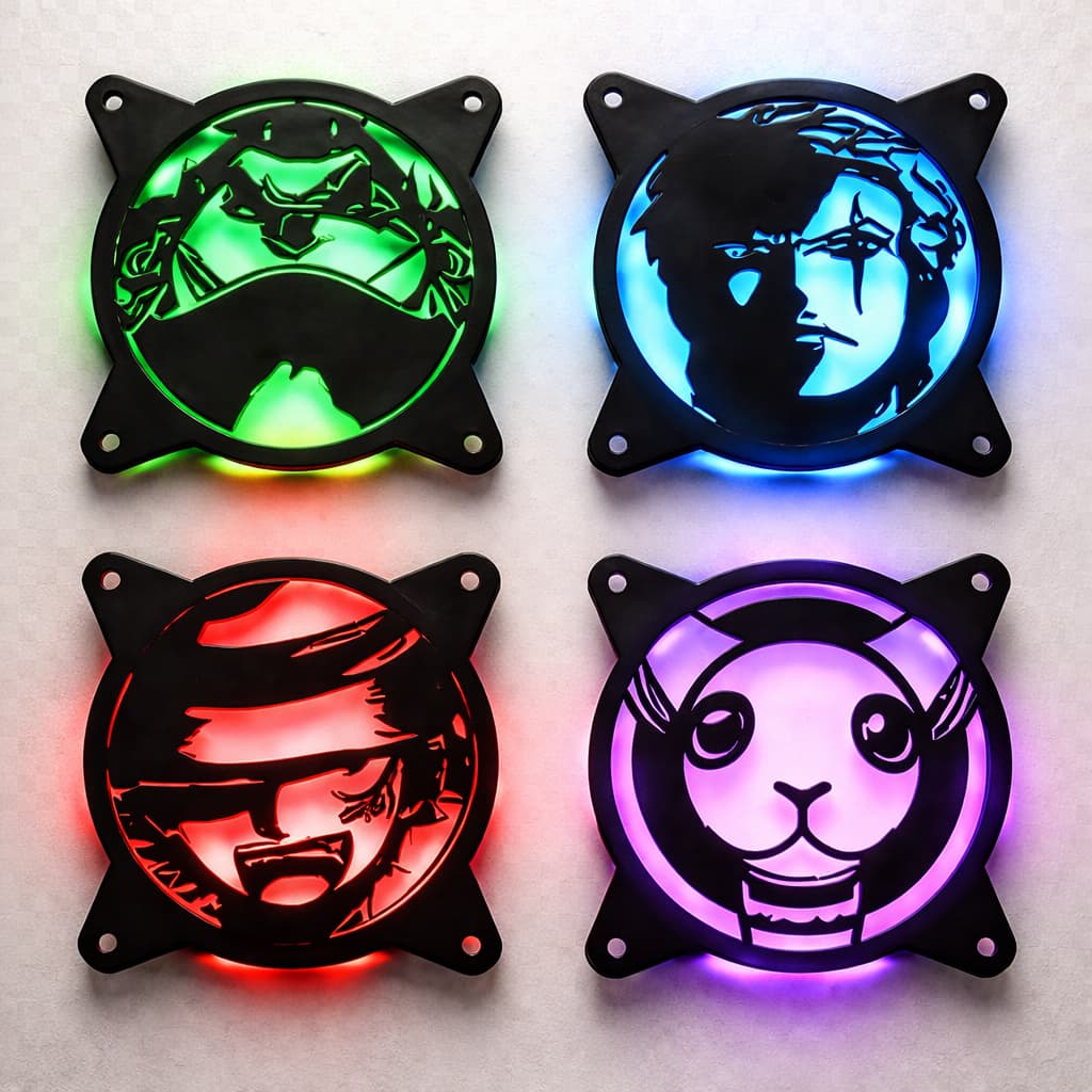 Kit Grelhas Fan One Piece Luffy, Zoro, Jimbei & Merry Decoração Pc Gamer Setup 120mm