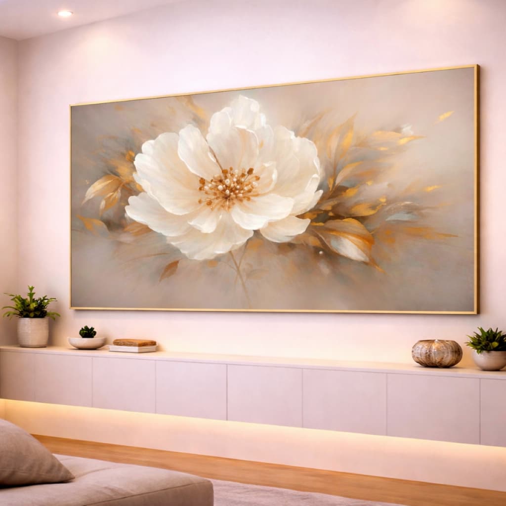 Quadro Decorativo Bela Flor Branca Dourada Sala Hall 110x70 1 Peça