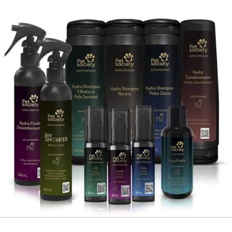 Linha Pet Society Super Premium Hydra Shampoo Hydra Condiconador Hydra Desembaraçador Colonia
