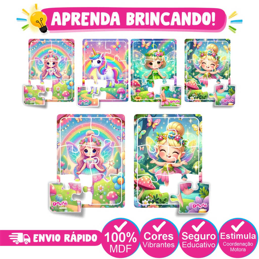 Kit 4 Quebra cabeça Infantil para MENINAS Tema Fada Fadinha Unicornio - Pedagogico Ludico Educativo