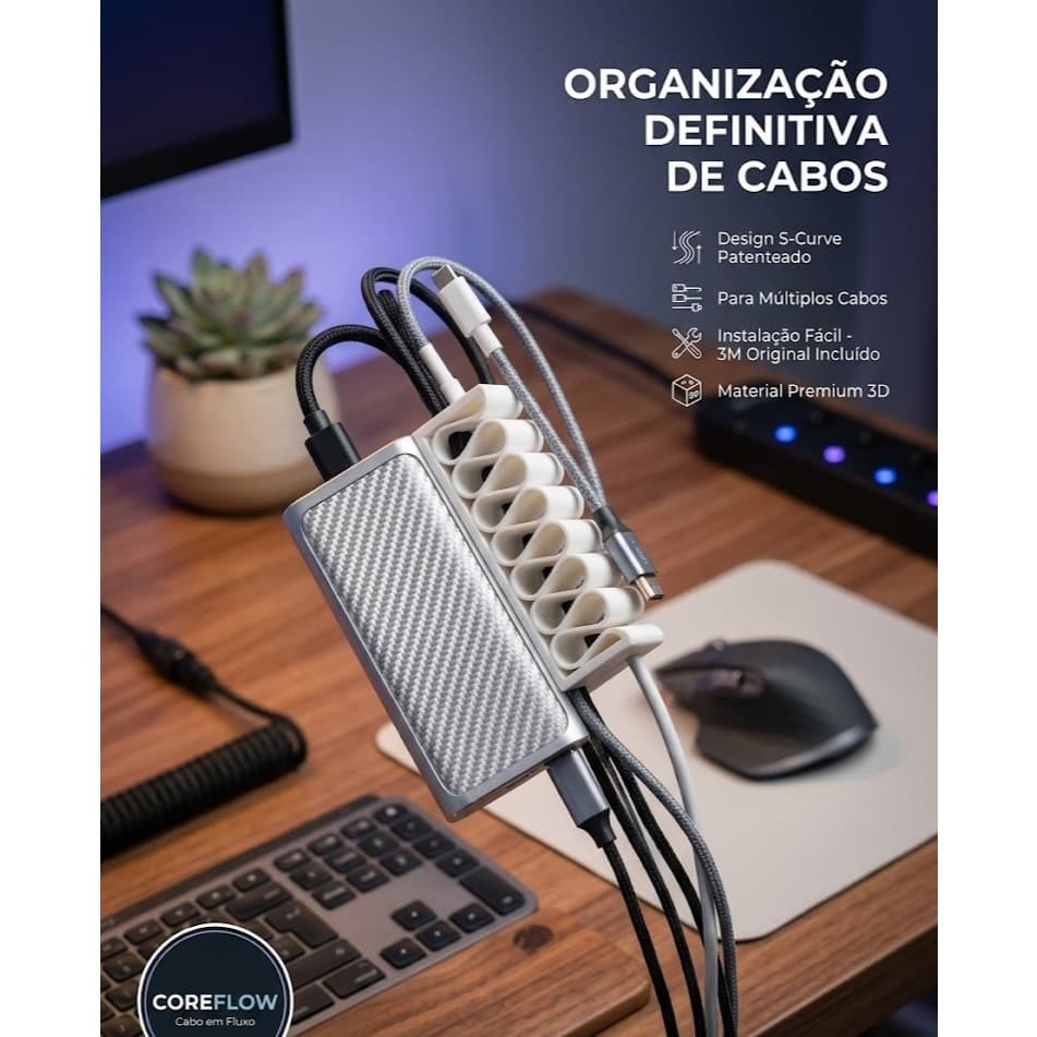Suporte Organizador de Fios para Mesa Fixação Fácil Ideal para Carregadores USB e Cabos de Computador para até 11 Cabos