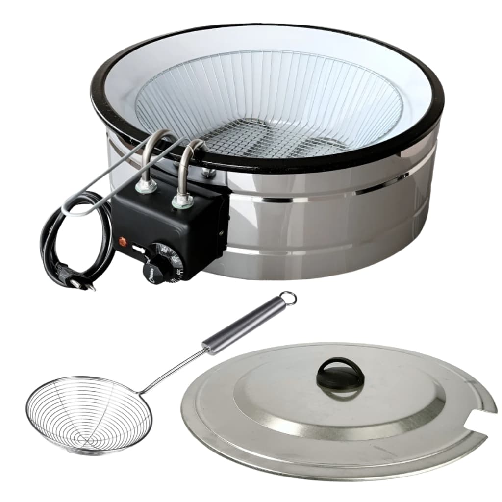 Fritadeira Elétrica Tacho 7L Esmaltada c/Termostato Inox Redonda  + Tampa e Escumadeira Industrial
