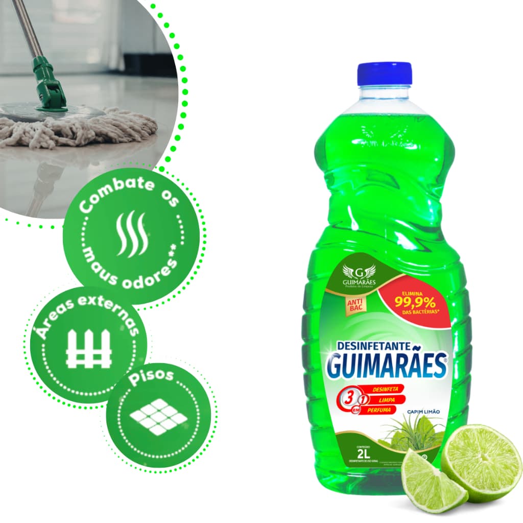 Desinfetante Guimarães 2L Capim Limão Limpeza Pesada Perfume Prolongado e Ação Germicida Bactericida