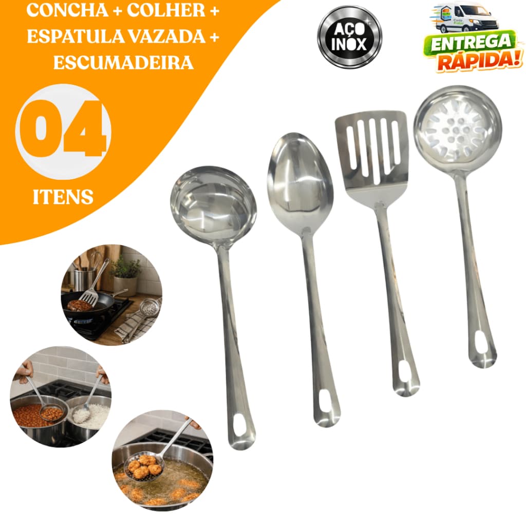 Kit 04/08 Utensílios Inox Alta Qualidade Resistente para Cozinha Restaurante Buffet