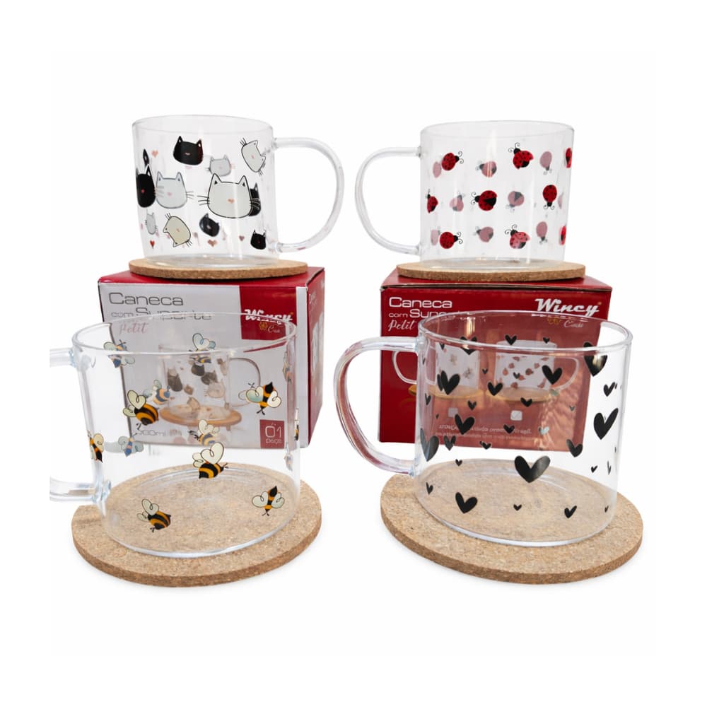Caneca Vidro Borossilicato 300ml Resistente Calor Estampada Fofa Canecas Diferentes