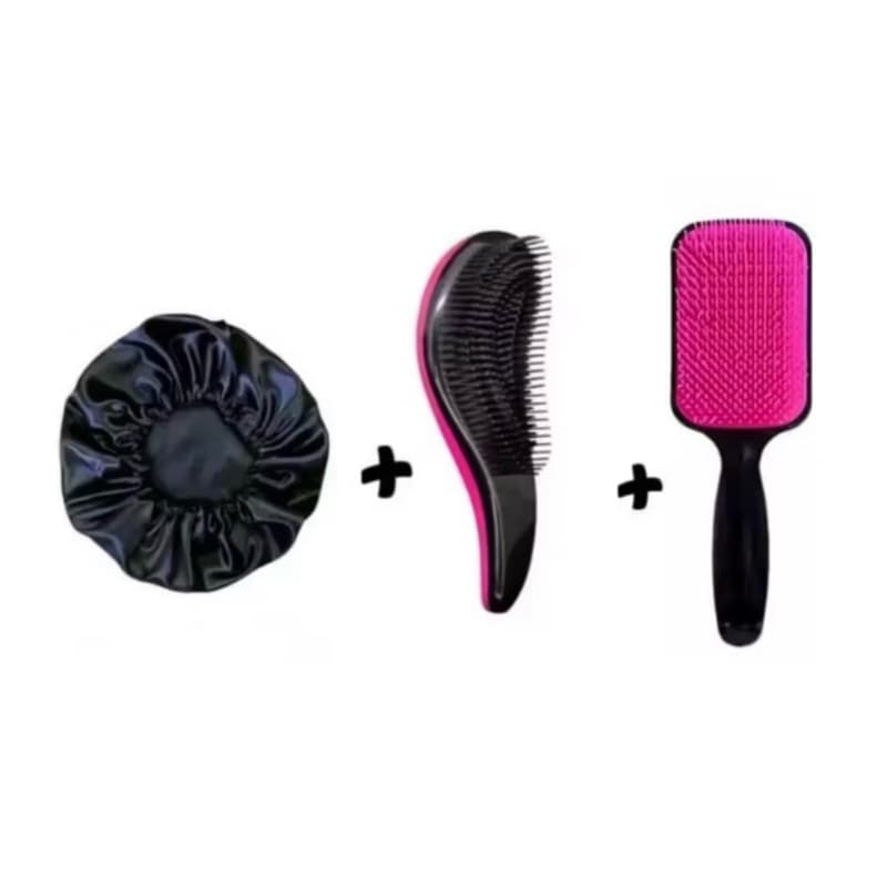Kit Cuidado Capilar Completo – Touca + Escova Desembaraçadora + Escova Raquete
