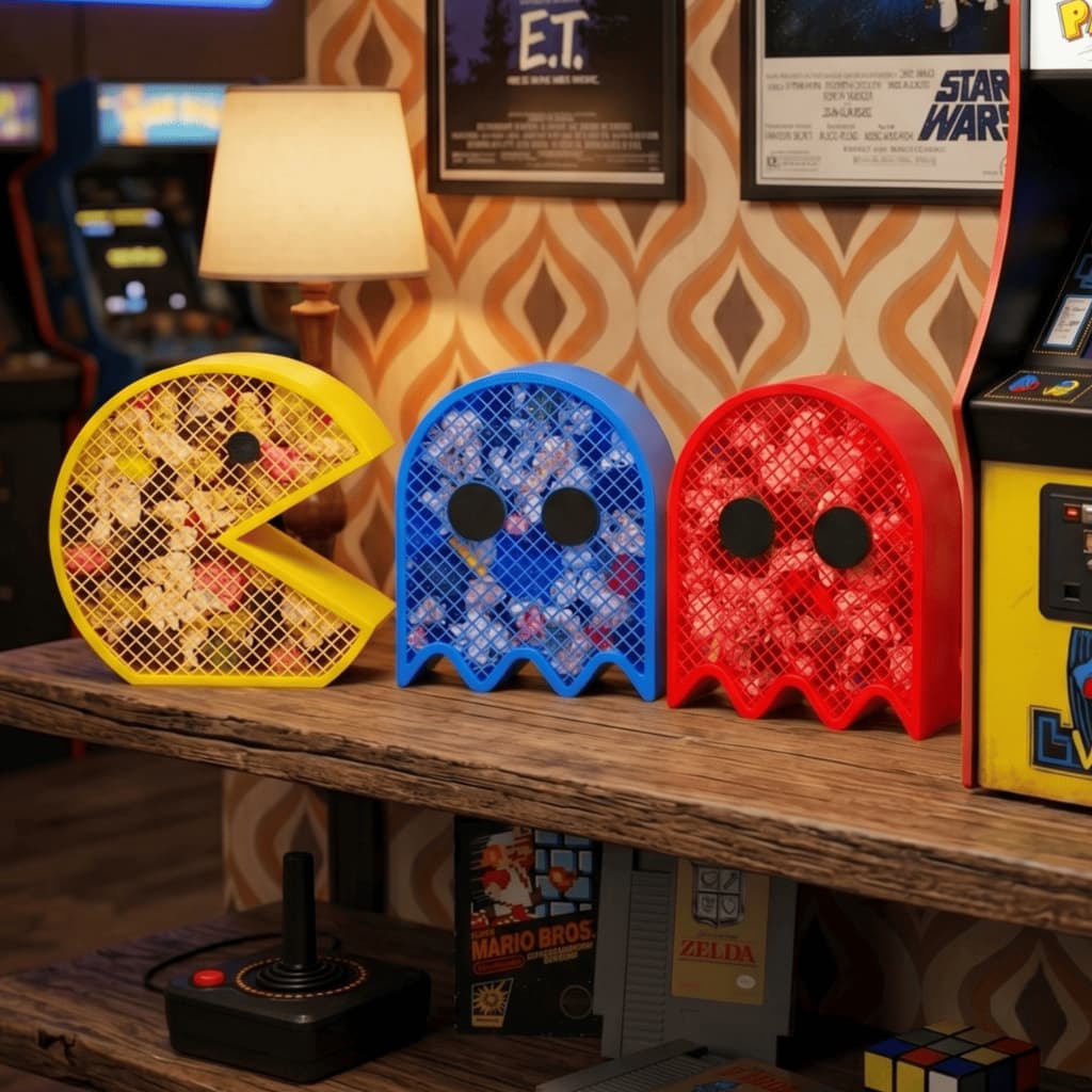Kit Decorativo Retrô Pac-Man 3 Peças: Decoração Geek, Gamer e Arcade Para Setup e Quarto