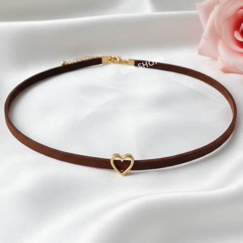 Colar Choker em Couro Pingente Coração Elegante Curta Pescoço Dia a Dia