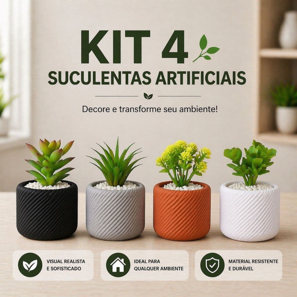 Kit 4 vasos decorativos com suculenta artificial moderno