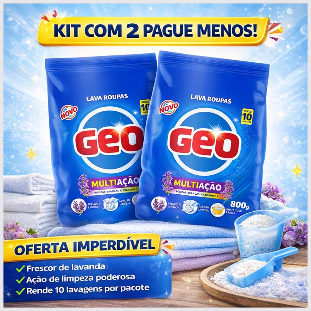 Kit 2 Sabão em Pó Geo Multiação 800g Lava Roupas Máquina Lavadora Limpeza Profunda