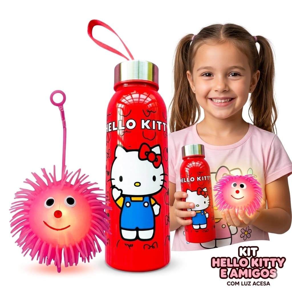kit Garrafinha Infantil  Garrafa Tema hello kit + bola maluca 500ml - bola com luz mamona maluca