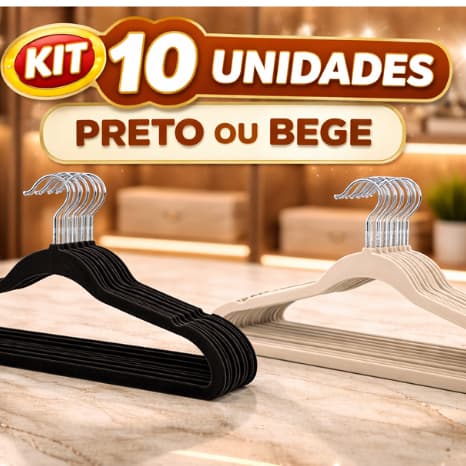Kit 10 Cabides Veludo Preto ou Bege Antideslizante Gancho Giratório Closet Organizador Guarda Roupas