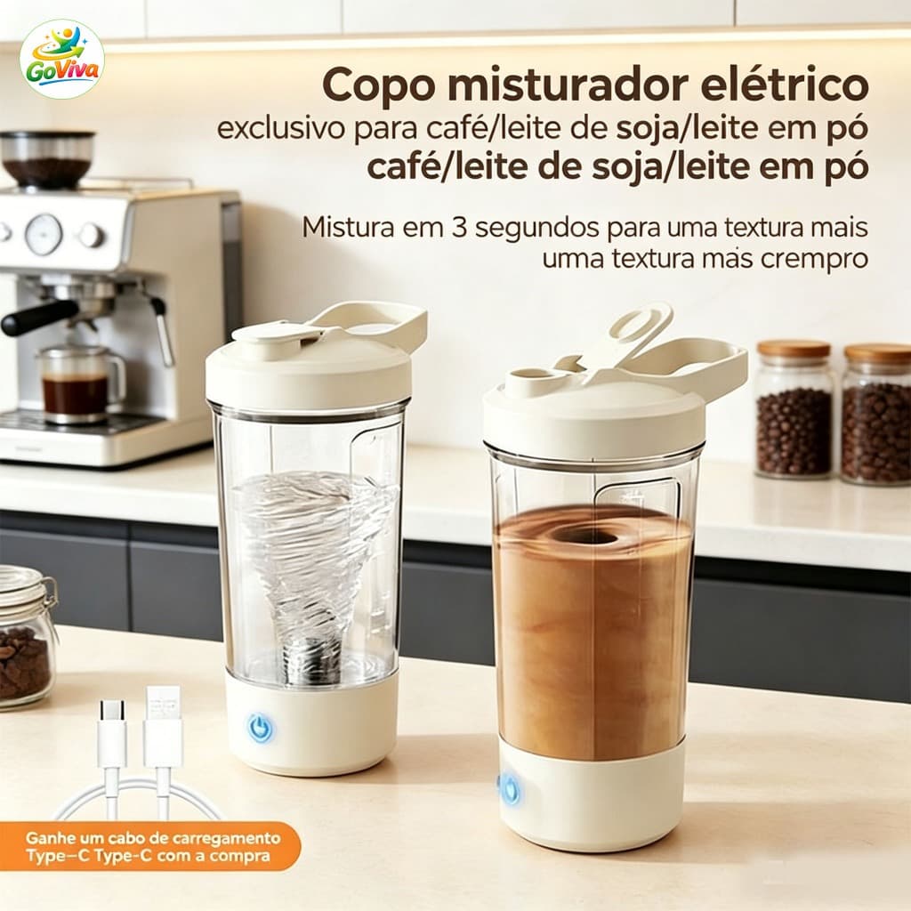 Copo Misturador Elétrico Portátil Automático, Mini Liquidificador Tipo-C para Shake, Suco, Leite e Proteína