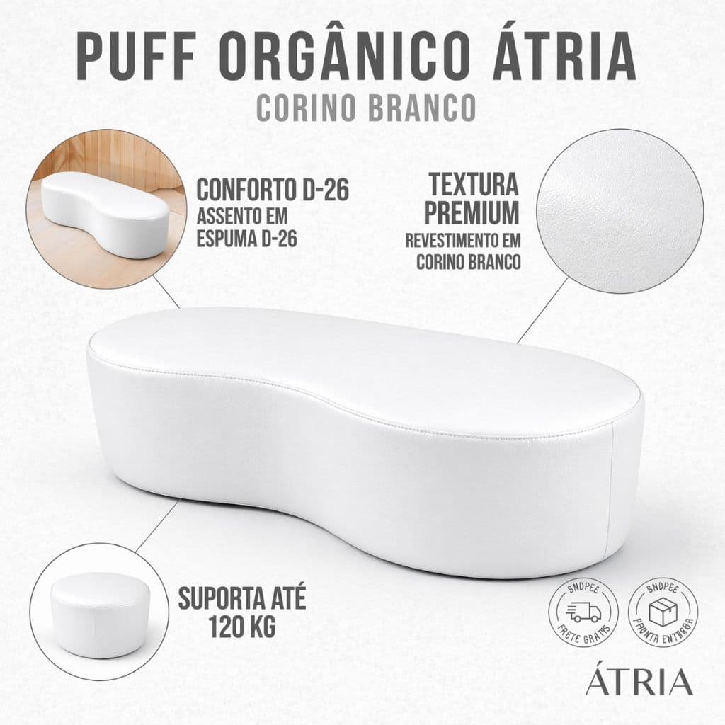 Puff Atria Orgânico Grande 100cm Corino Branco – Decorativo Clean Premium