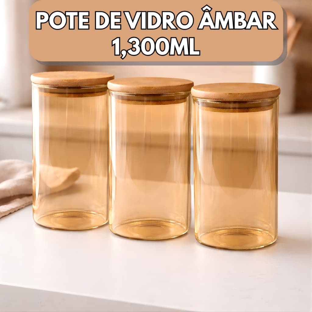 Pote de Vidro 1,300ml Âmbar com Tampa de Bambu hermética  porta mantimento Envernizada avulso ou kit