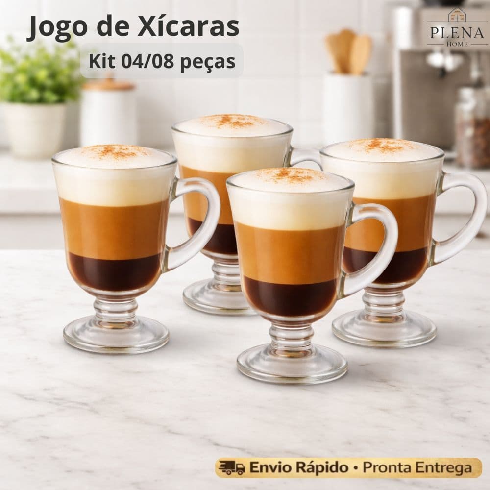 Jogo 4/8 Canecas Taças 120ml Capuccino Vidro Cristalino Alça Luxuoso Chá Café Nespresso Doce Gusto