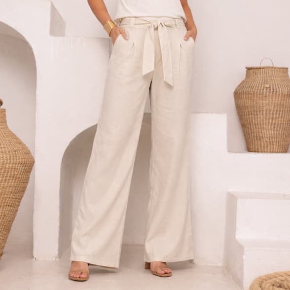 Calça Pantalona de Linho Feminina com Amarração Elegante e Comfortavel