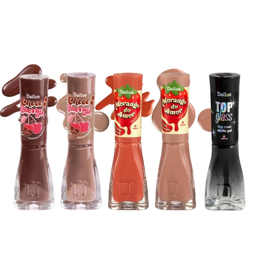 Kit 4 Esmaltes Dailus Lançamentos + Top Coat Efeito Gel Top Glass