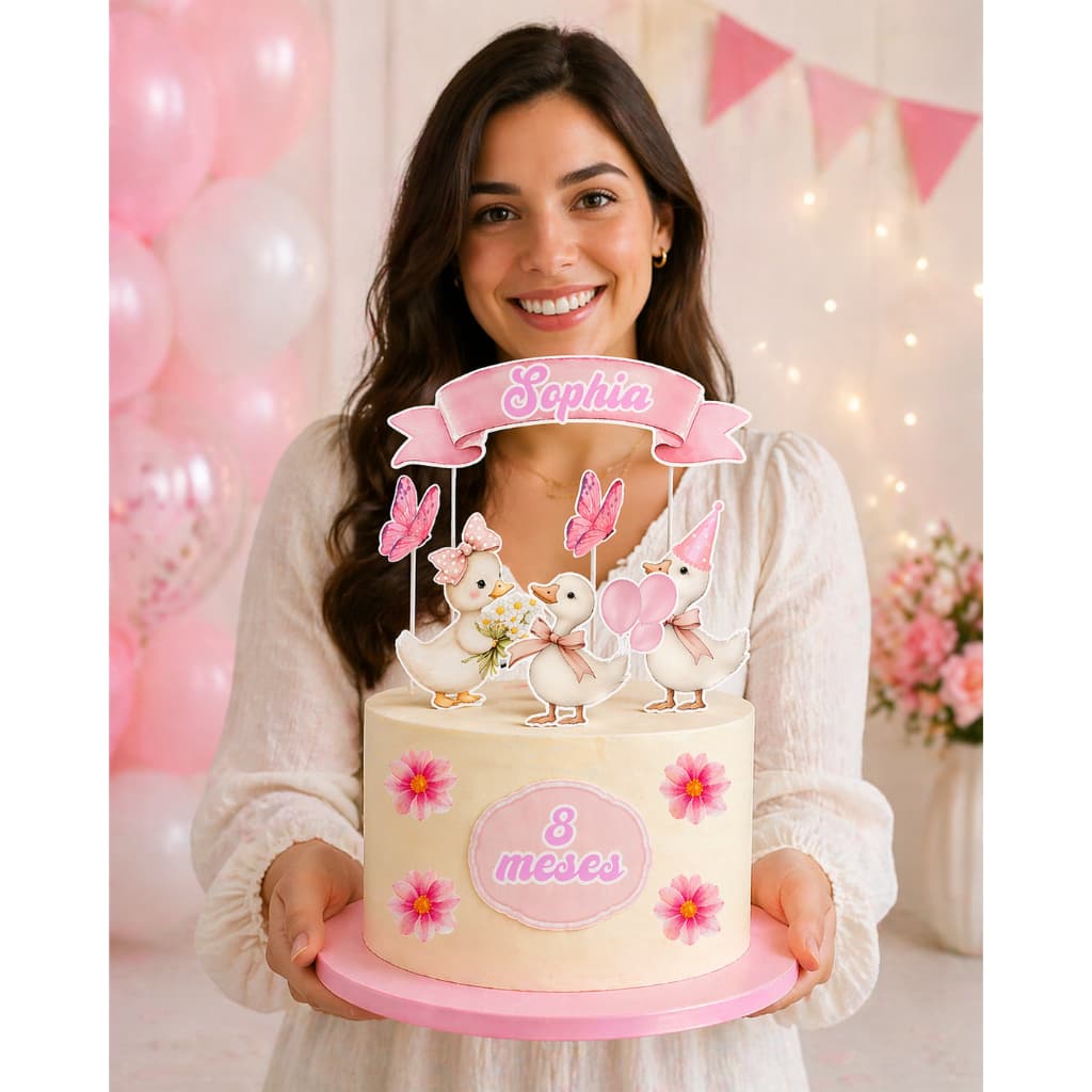 Topo de Bolo Patinho Rosa Aquarelado Personalizado | Luxo 3D ou Simples | Mesversário e Aniversário