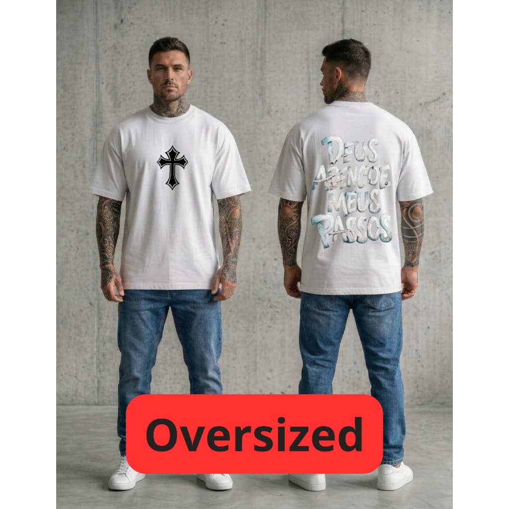 CAMISETA OVERSIZED CRUZ RELIGIOSA MASCULINA UNISSEX FRASE DE FÉ ESTILO STREETWEAR MODA URBANA