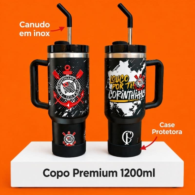 ⚽🤍🖤Copo Garrafa 1200 ml Personalizado Corinthians Premium|com Tampa| e Canudo