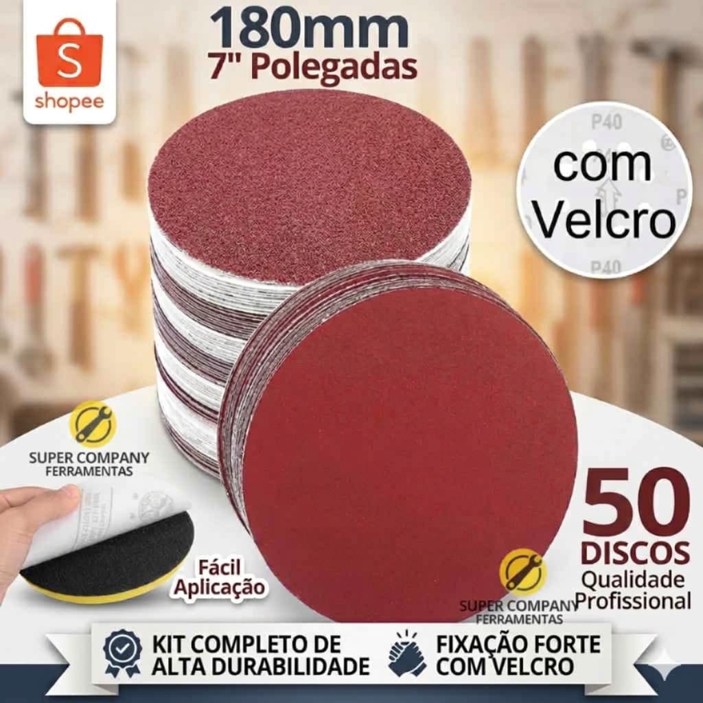 50x Disco De Lixa Com Velcro 7 Pol. 180mm Sem Furo - Kit Discos Lixas Vários Grãos - Escolha o Seu