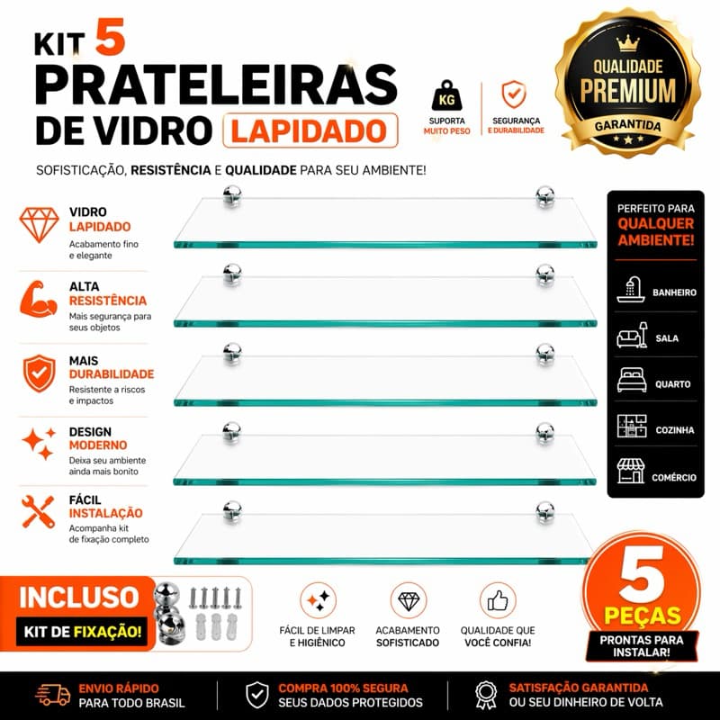 KIT 5 PRATELEIRAS DE VIDRO INQUEBRAVEL 50X10CM COM KIT  FIXAÇÃO IMPERDIVEL
