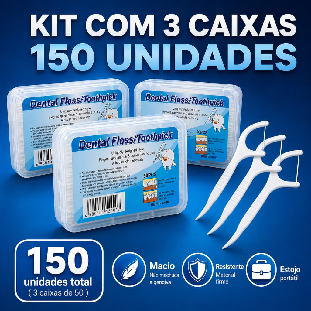 Fio Dental Com Haste Kit 150 Unidades (3 Caixas) Extra Resistente Não Desfia PalitoA