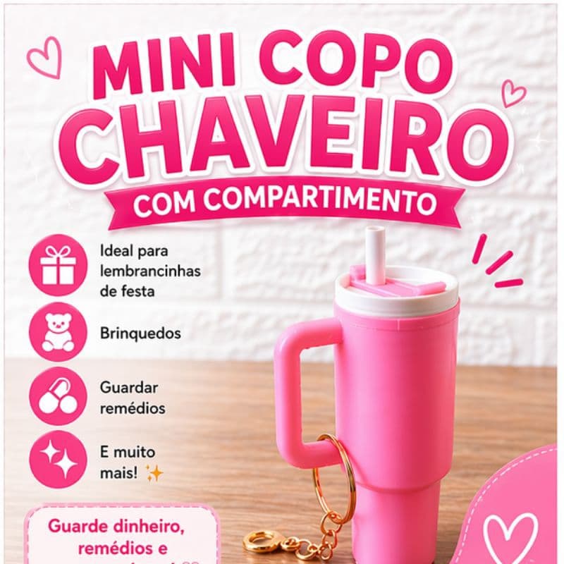 Chaveiro Mini copo com compartimento.