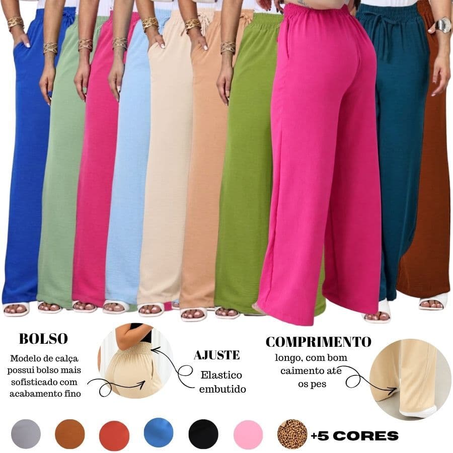 Calça Pantalona Feminina Com Bolso Cintura Alta