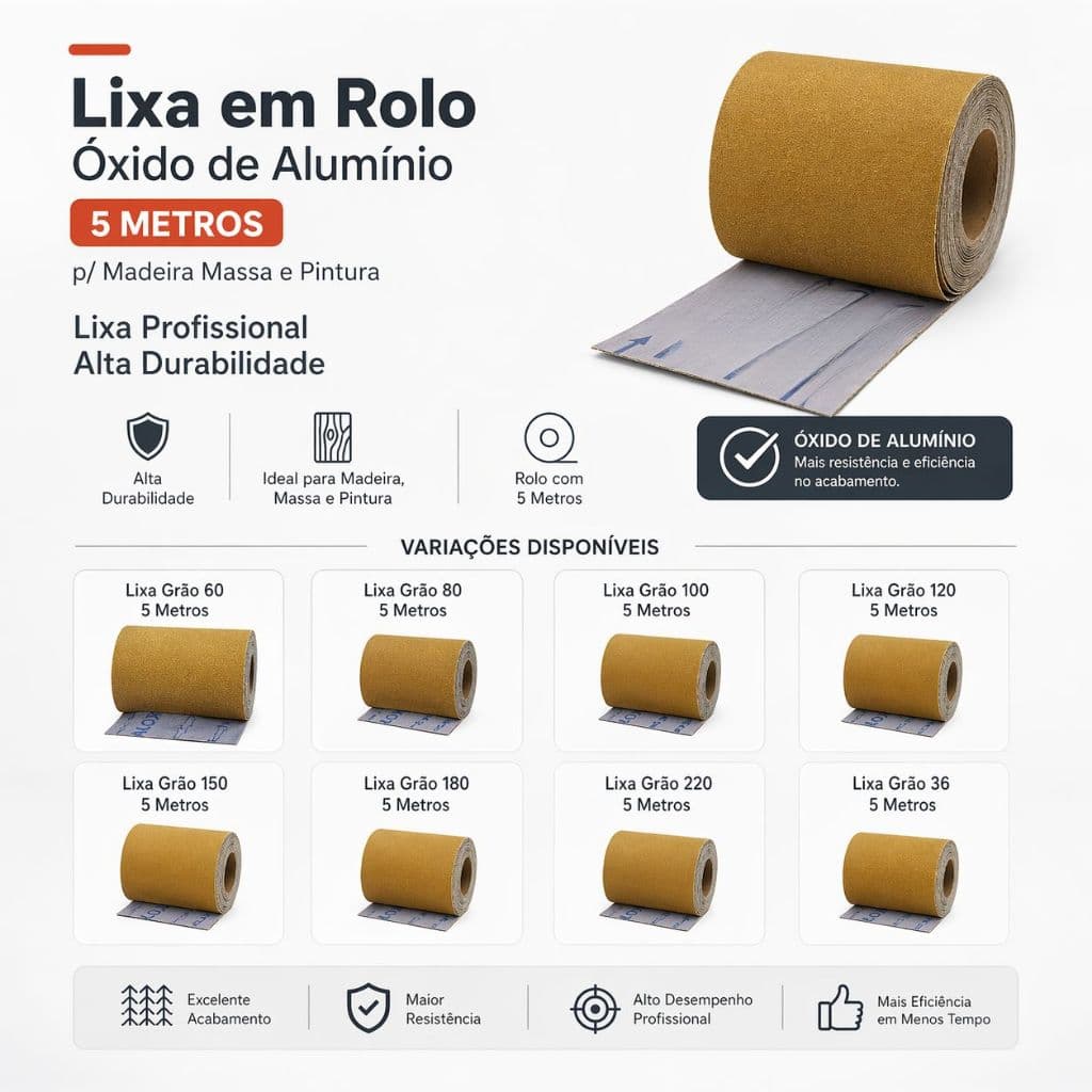 Lixa em Rolo Óxido de Alumínio 5Metro p/ Madeira Massa e Pintura Lixa Profissional Alta Durabilidade