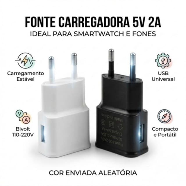 Fonte Carregador 5V 2A Para Smartwatch e Fones - Ideal para Smartwatches e Fones de Ouvido