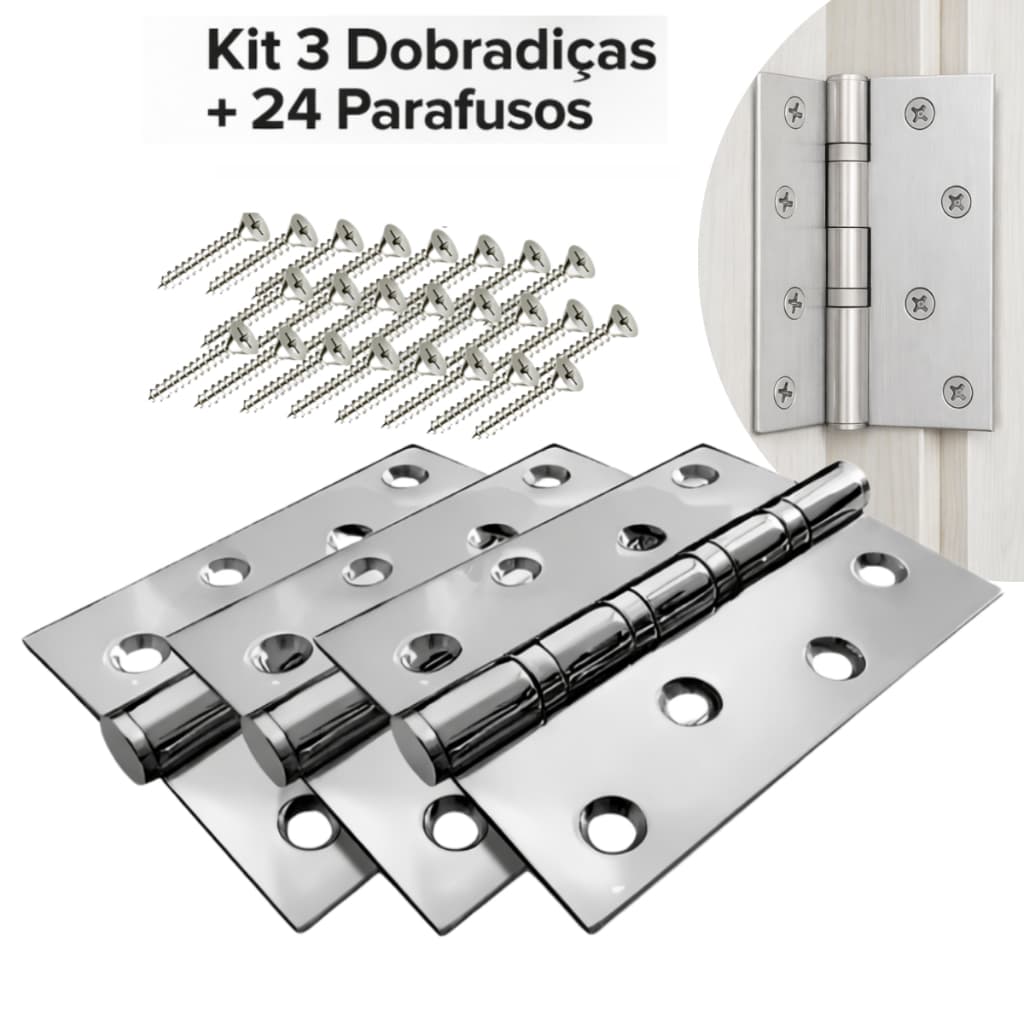 Kit 3 Dobradiças 4” Inox 304 – Escovada com Rolamento Axial | Alta Durabilidade | Com Parafusos