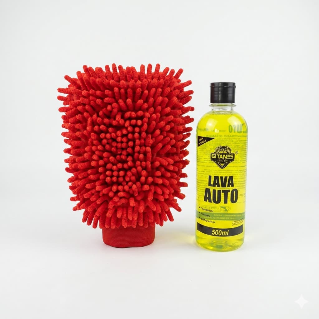 Kit Shampoo Lava Auto 500ml + Luva de Microfibra Grande Lavagem Automotiva Carro Moto