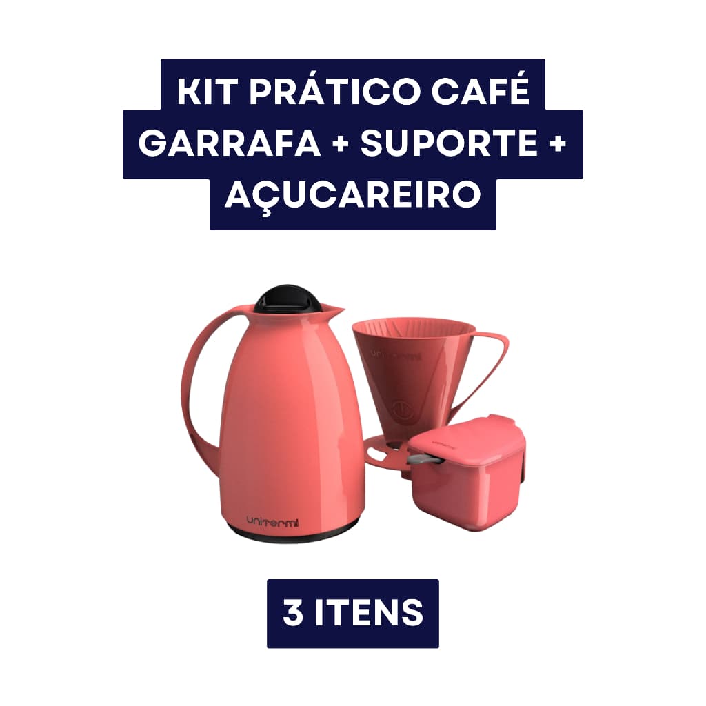 Kit Café Prático Unitermi Rosa - Garrafa Térmica 650ml + Açucareiro + Suporte 103 para Filtro